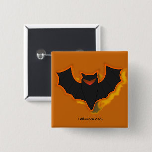 Griezelige Vleermuis Halloween Knop   Oranje Thema Vierkante Button 5,1 Cm
