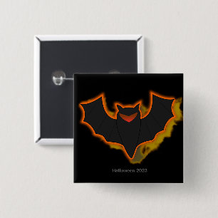 Griezelige Vleermuis Halloween Knop   Zwarte Thema Vierkante Button 5,1 Cm