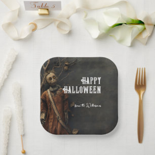 Griezelige Vogelverschrikkerpop Halloween met eige Papieren Bordje