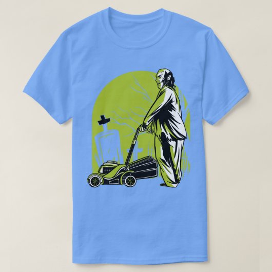 Griezelige zombie maaien van het gazon op het kerk t-shirt (Design voorkant)
