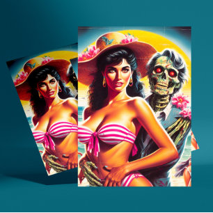 Griezelige Zombie Strand Pin-up Briefkaart