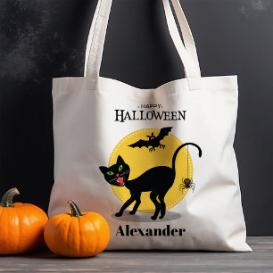 Griezelige Zwarte Kat en Spin Halloween Tote Bag