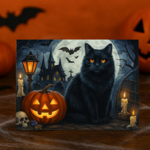 Griezelige Zwarte Kat Halloween Ansichtkaart Briefkaart