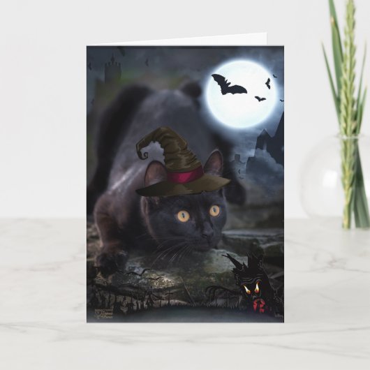 Griezelige Zwarte Kat Halloween Kaart (Voorkant)