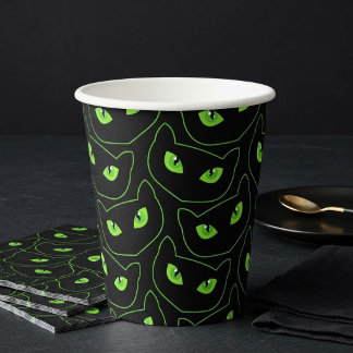 Griezelige Zwarte Kat Neon Groene Ogen Halloween Papieren Bekers