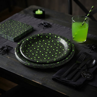 Griezelige Zwarte Kat Neon Groene Ogen Halloween Papieren Bordje