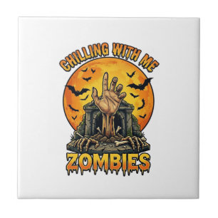 Griezende zombies hand grafsteen volle maan vleerm tegeltje