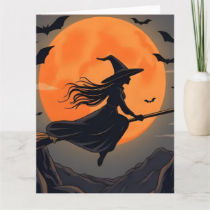 Griezige Heks Vliegende Bezem Oranje Volle Maan Kaart