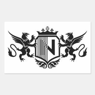 Griffioenen aan weerszijden van een schild met de rechthoekige sticker