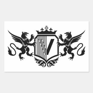 Griffioenen aan weerszijden van een schild met de rechthoekige sticker