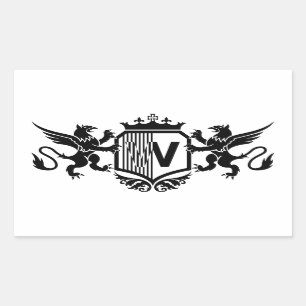 Griffioenen aan weerszijden van een schild met de rechthoekige sticker