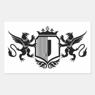 Griffioenen aan weerszijden van een schild met de rechthoekige sticker