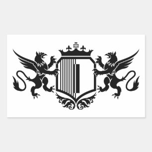 Griffioenen aan weerszijden van een schild met de rechthoekige sticker