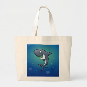 Grijnzende grappige haai op blauwe achtergrond grote tote bag