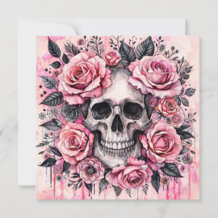 Grijnzende Schedel en Roze Rozen Gotisch Kaart