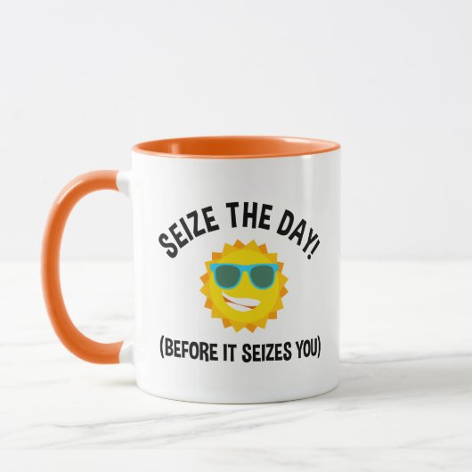 Grijp de dag! (voordat het je aangrijpt) mok (Links)