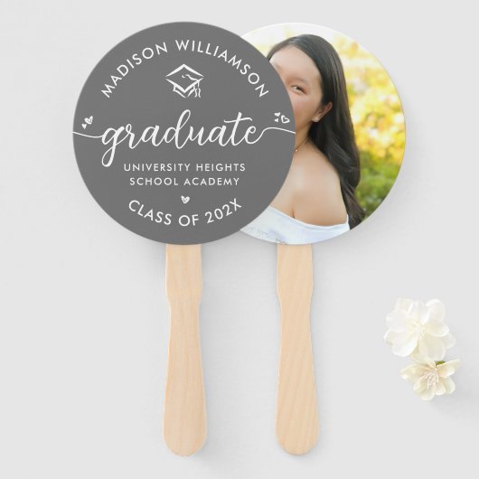 Grijs 1 Foto Afstuderen Modern Script Hearts Pet Handwaaier (Voorkant en achterkant)