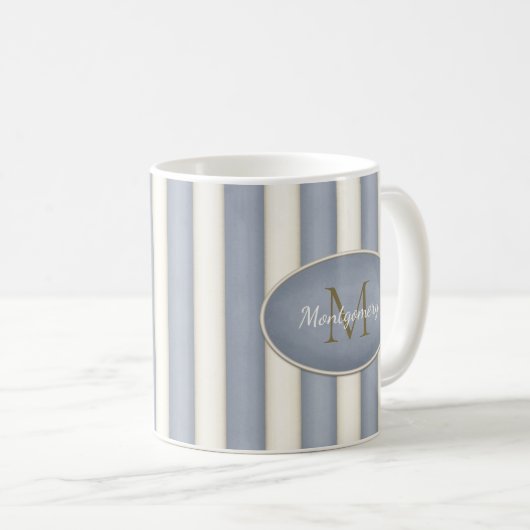 Grijs & Antiek Witte Strepen Brons Monogram Koffiemok (Voorkant rechts)