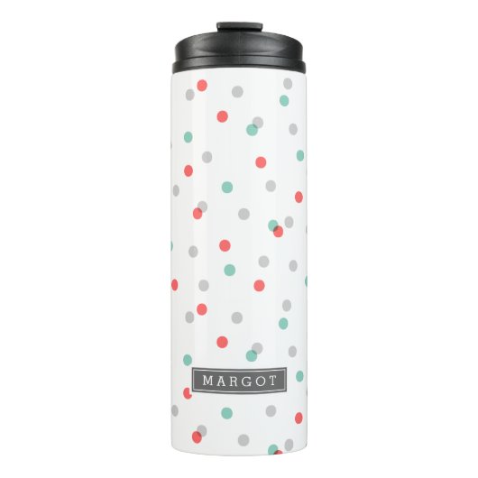 Grijs Aqua en Coral Confetti Stippen Monogram Thermosbeker (Voorkant)