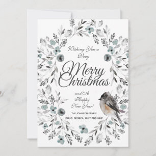 Grijs Blauw Bloemen Buffel Check Foto Kerst Feestdagenkaart