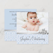 Grijs Blauw Damask Jongens Foto Christening Kaart (Voorkant / Achterkant)
