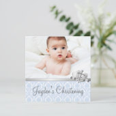 Grijs Blauw Damask Jongens Foto Christening Kaart (Staand voorkant)