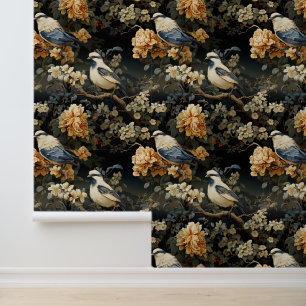 Grijs Blauw en Sinaasappel Bloemenvogel Behang