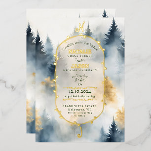 GRIJS Blauw Winter Pine Tree Forest Monogram Huwel Folie Uitnodiging
