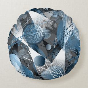Grijs, blauw, wit abstract patroon. rond kussen
