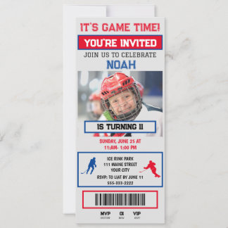 Grijs & blauwe Hockey Ticket Verjaardagsfeest Uitn Kaart