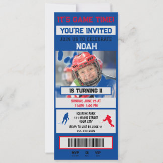 Grijs & blauwe Hockey Ticket Verjaardagsfeest Uitn Kaart