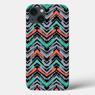 Grijs, Blauwgroen en koraal met Chevron Pattern iPhone 13 Hoesje