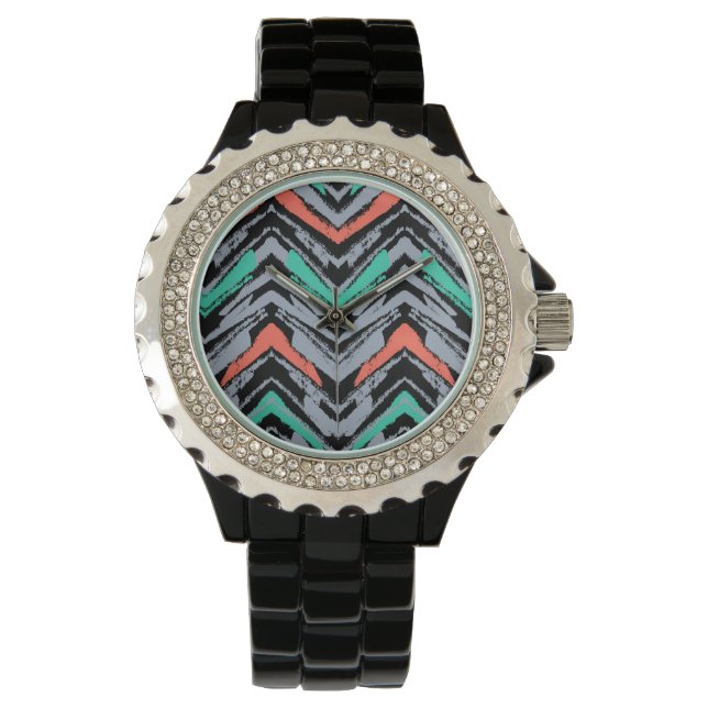 Grijs, Blauwgroen en koraal met Chevron Pattern Horloge (Voorkant)