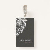 Grijs Bloemen Damasks Wit Kant Badge (Achterkant met clip)