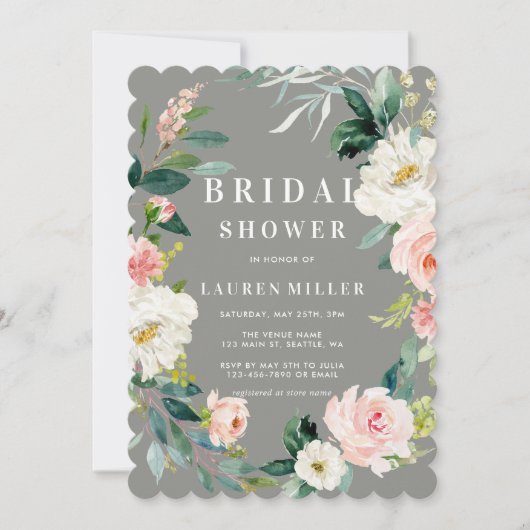 Grijs Blush Bloemen Krans Bruids Douche Uitnodigin Kaart (Voorkant)