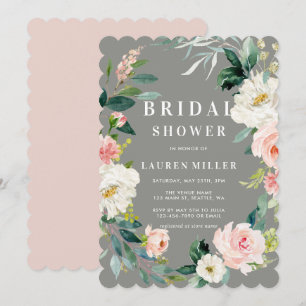 Grijs Blush Bloemen Krans Bruids Douche Uitnodigin Kaart