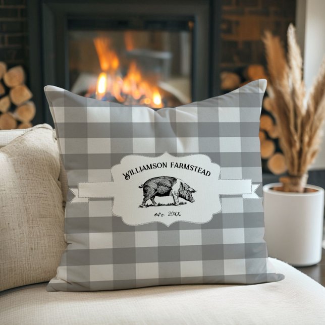 Grijs Boerderij Varkenspijn Sierkussen (Gray Buffalo Plaid Farm Pig Throw Pillow)