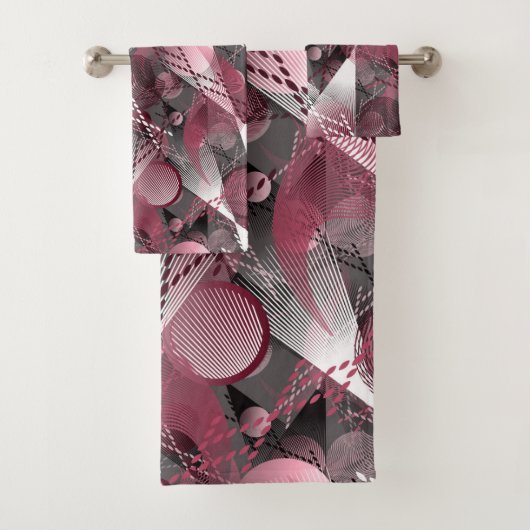 Grijs, bordeaux, wit abstract patroon. bad handdoek (Insitu)
