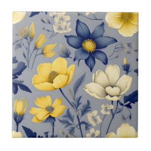  Grijs Botanisch met Gele Bloemen Tegeltje