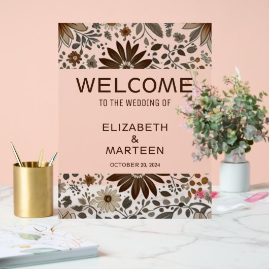 Grijs Bruin Bladpatroon Herfst bruiloft Acryl Bord (Huwelijk)