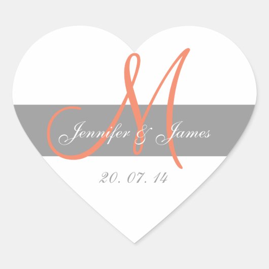 Grijs CoralMonogram Namen Bruiloft Favor Sticker (Voorkant)