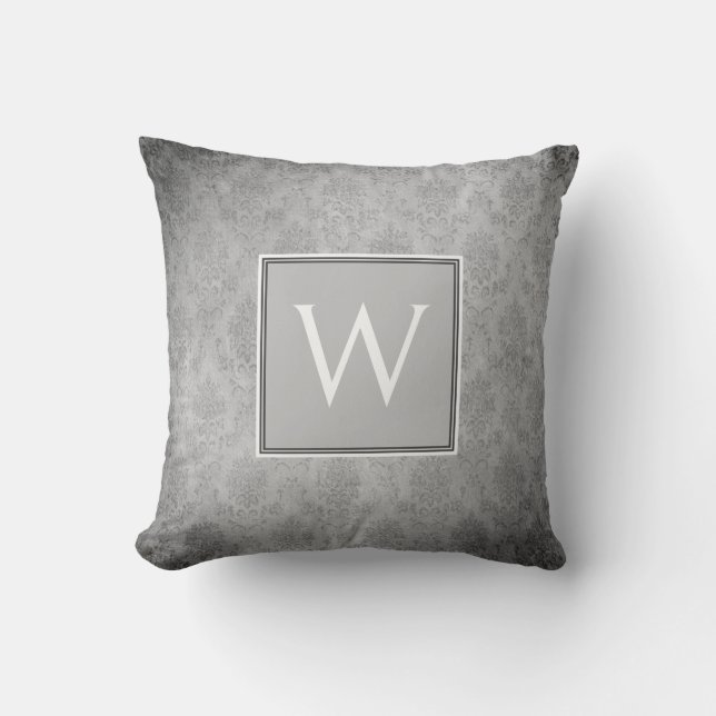 Grijs  Damask Monogram Sierkussen (Voorkant)