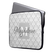  grijs Damask-patroonmonogram & naam Laptop Sleeve (Voorkant Links)