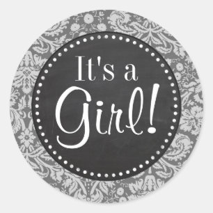 Grijs damast; Retro krijtbord Ronde Sticker