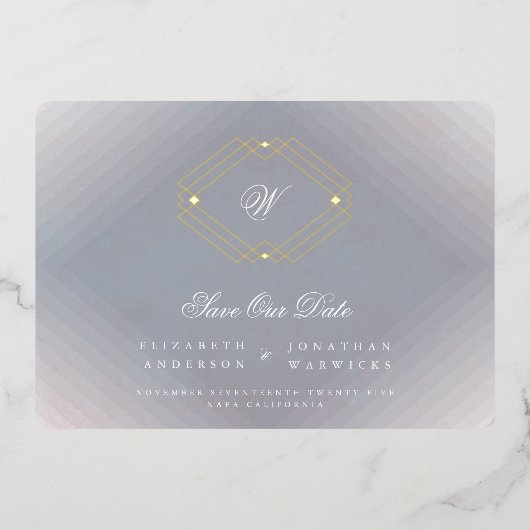 grijs deco monogram foto goud SAVE THE DATE Folie Uitnodiging (Voorkant)