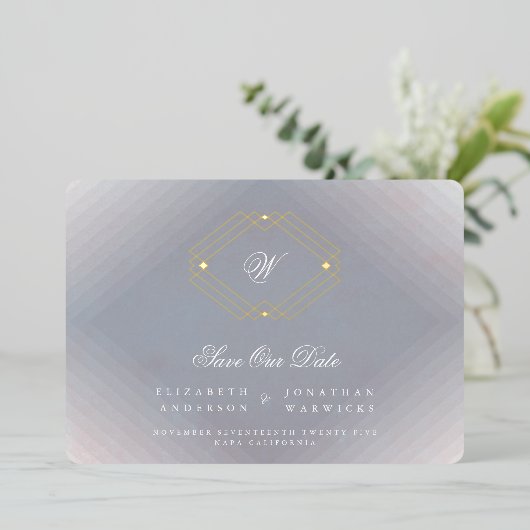 grijs deco monogram foto goud SAVE THE DATE Folie Uitnodiging (Staand Voorkant)