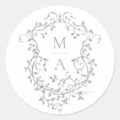 Grijs Elegant Bloemkam Monogrammen Ronde Sticker (Voorkant)