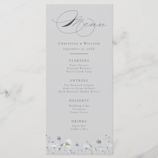 Grijs Elegant Winter Wildbloemen Bruiloft Menu (Voorkant)