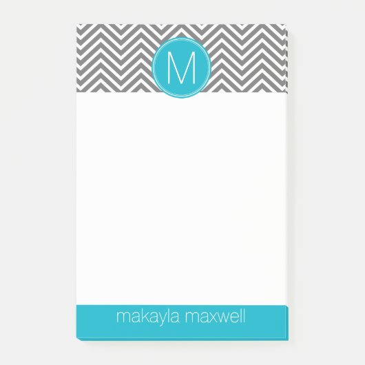 Grijs en Aqua Chevrons met één monogram Post-it® Notes (Voorkant)