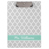 Grijs en Aqua Quatrefoil Aangepast monogram Klembord (Voorkant)